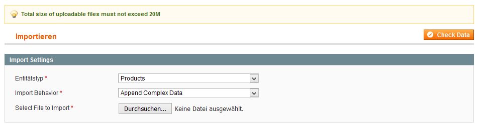 einfache produkte importieren - auswahl menü adminbereich