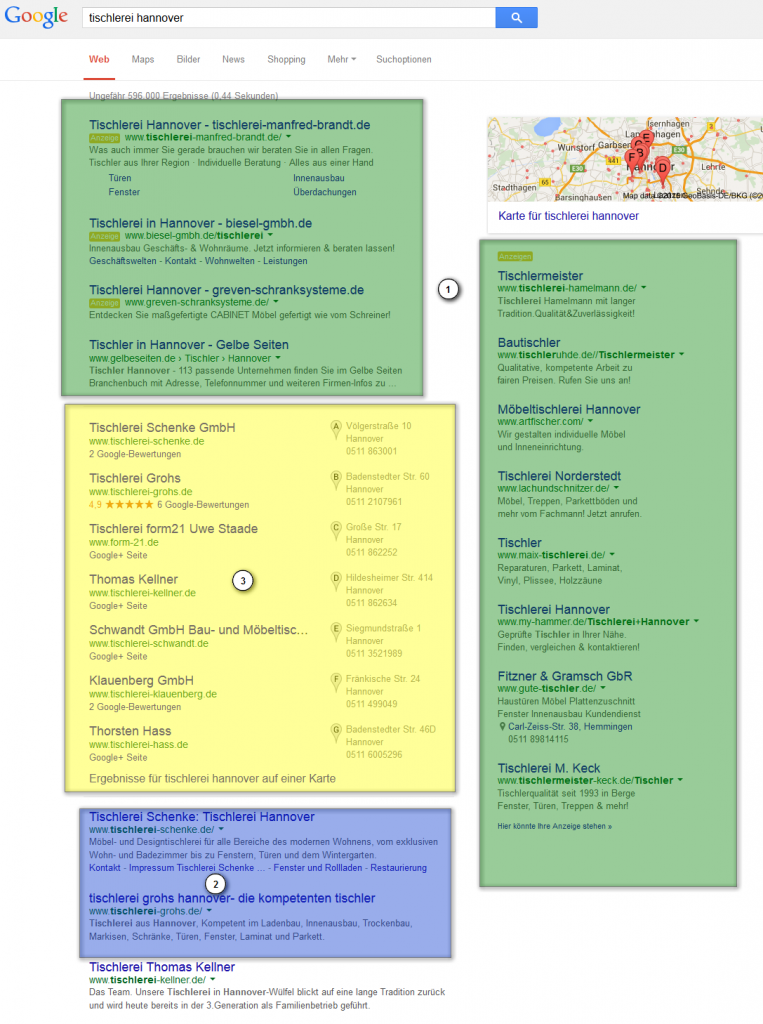 Die unterschiedlichen Bereich in den Google Suchergebnissen