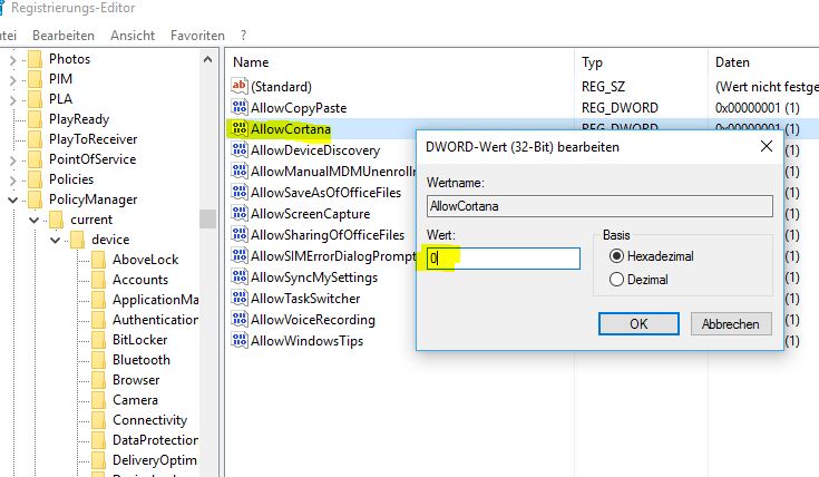 cortana-deaktivieren-regedit-ausstellen