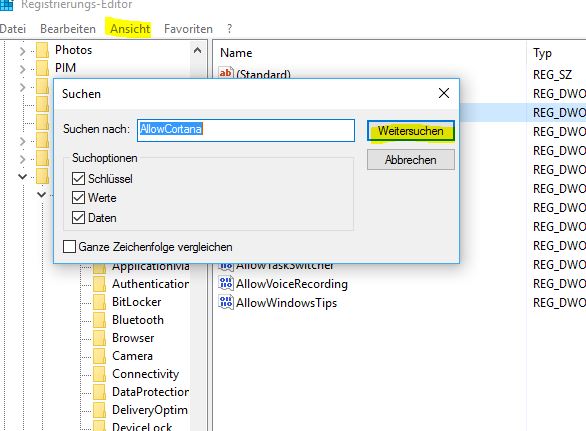 cortana-deaktivieren-regedit-suche-allowcortan